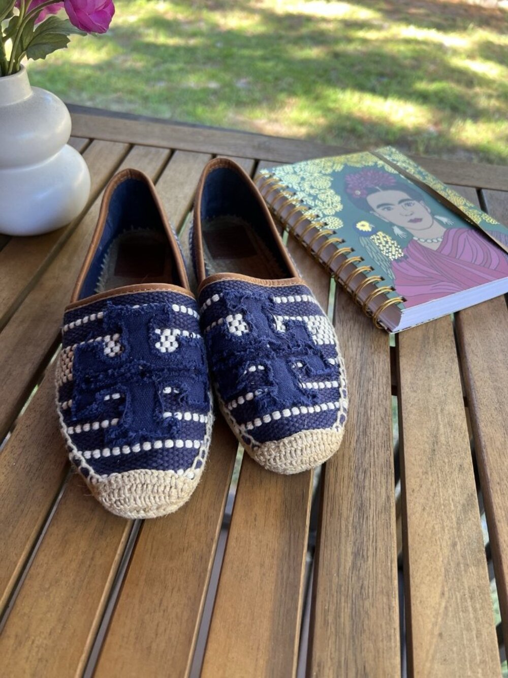 Tory Burch Shaw Logo Canvas Espadrilles Navy White Women’s US 6 - Picture 2 of 11